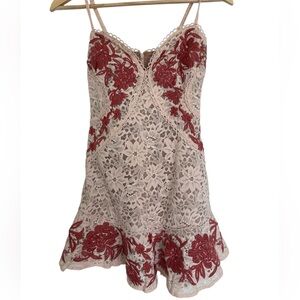 For Love and Lemons peach lace mini dress Size 0 with coral embroidered flowers